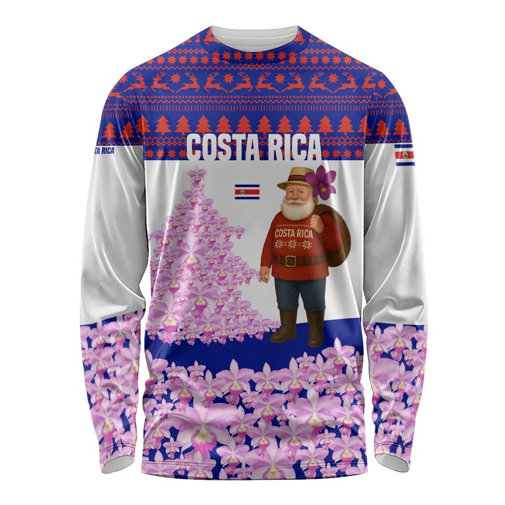 Costa Rica Christmas Long Sleeve Shirt with Santa Claus Pink Orchid Tree National Emblem and Festive Pattern Design - Wonder Print Shop