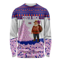 Costa Rica Christmas Long Sleeve Shirt with Santa Claus Pink Orchid Tree National Emblem and Festive Pattern Design - Wonder Print Shop