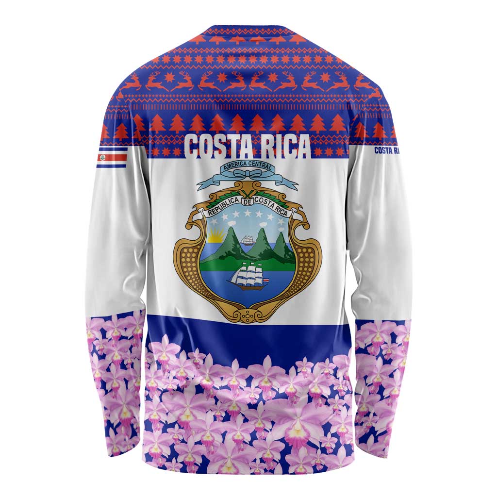 Costa Rica Christmas Long Sleeve Shirt with Santa Claus Pink Orchid Tree National Emblem and Festive Pattern Design - Wonder Print Shop