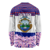 Costa Rica Christmas Long Sleeve Shirt with Santa Claus Pink Orchid Tree National Emblem and Festive Pattern Design - Wonder Print Shop