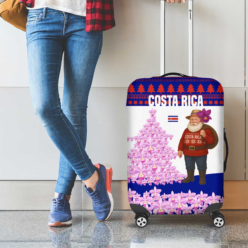 Costa Rica Christmas Luggage Cover with Santa Claus Pink Orchid Tree National Emblem and Festive Pattern Design - Wonder Print Shop