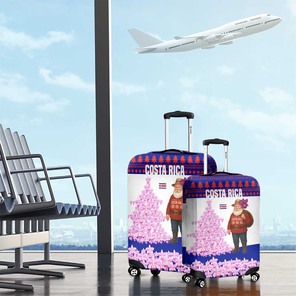 Costa Rica Christmas Luggage Cover with Santa Claus Pink Orchid Tree National Emblem and Festive Pattern Design - Wonder Print Shop