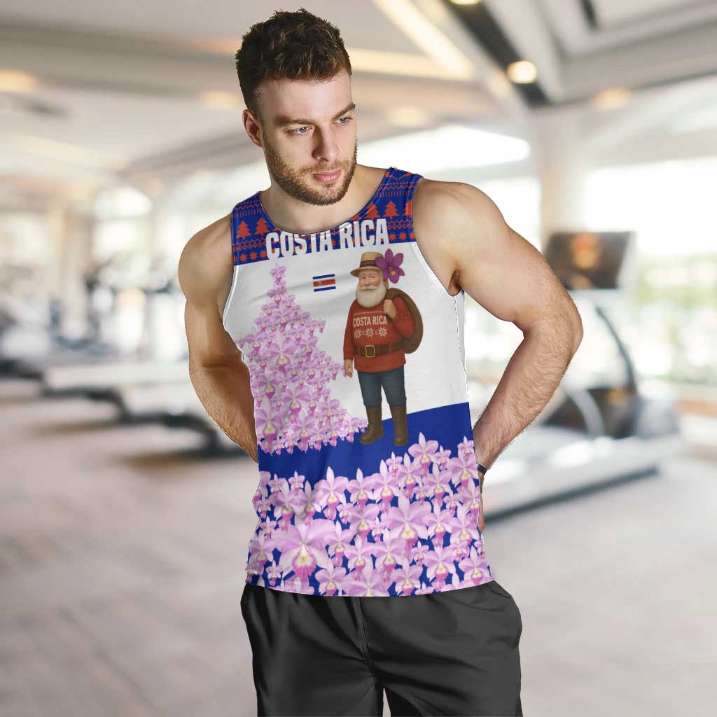 Costa Rica Christmas Men Tank Top with Santa Claus Pink Orchid Tree National Emblem and Festive Pattern Design - Wonder Print Shop