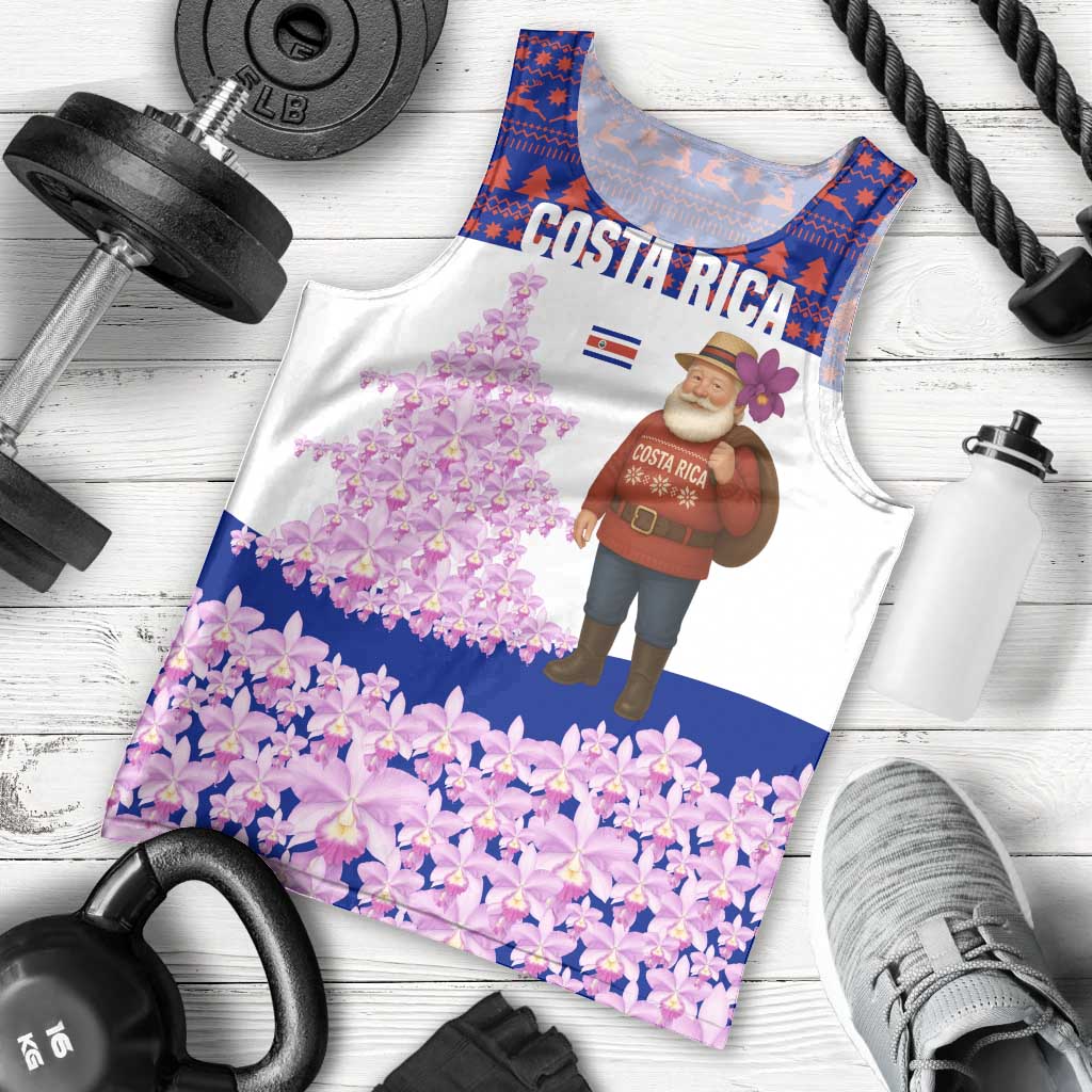 Costa Rica Christmas Men Tank Top with Santa Claus Pink Orchid Tree National Emblem and Festive Pattern Design - Wonder Print Shop