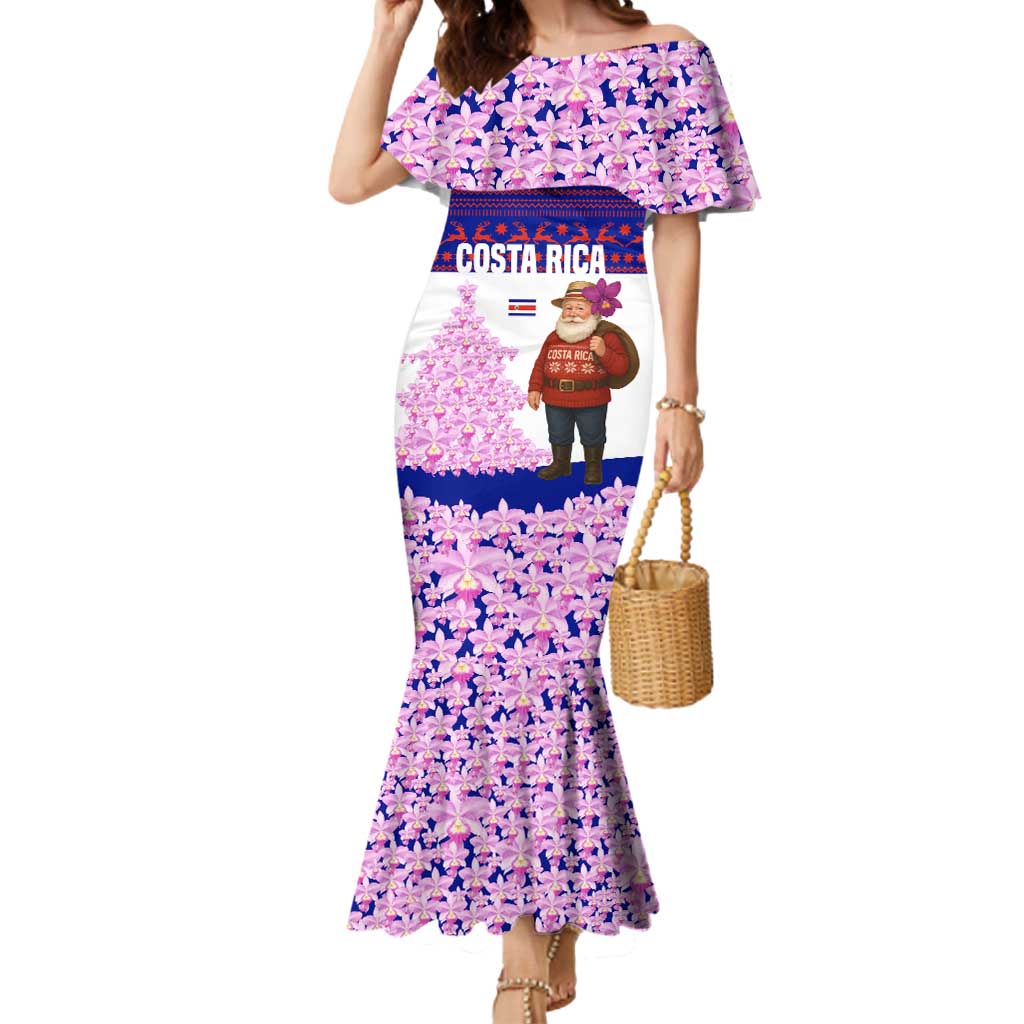 Costa Rica Christmas Mermaid Dress with Santa Claus Pink Orchid Tree National Emblem and Festive Pattern Design - Wonder Print Shop