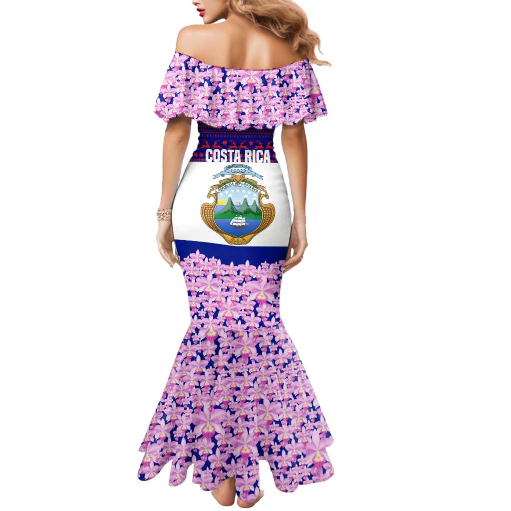 Costa Rica Christmas Mermaid Dress with Santa Claus Pink Orchid Tree National Emblem and Festive Pattern Design - Wonder Print Shop
