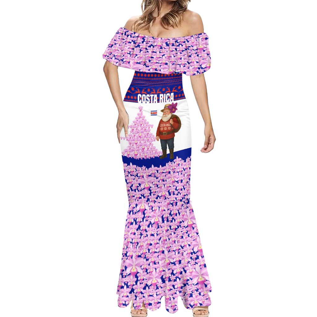 Costa Rica Christmas Mermaid Dress with Santa Claus Pink Orchid Tree National Emblem and Festive Pattern Design - Wonder Print Shop