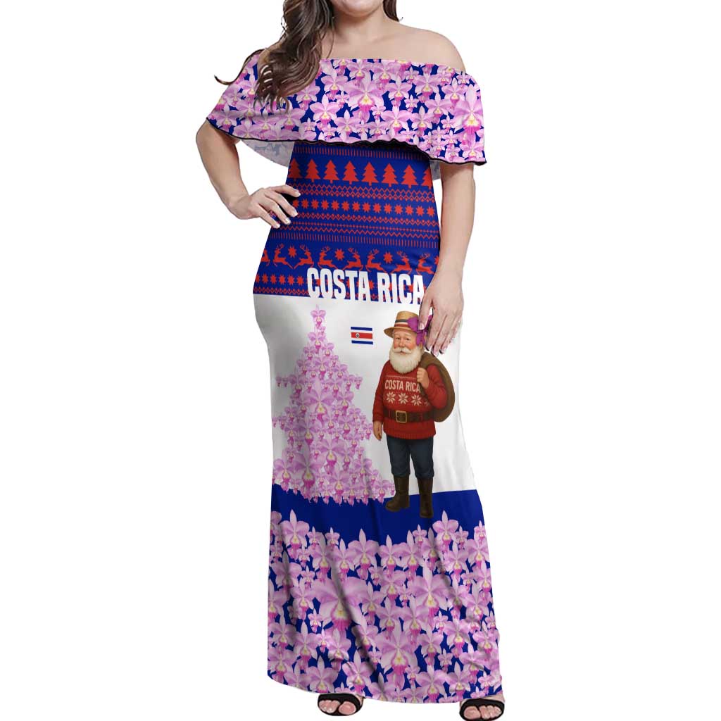 Costa Rica Christmas Off Shoulder Maxi Dress with Santa Claus Pink Orchid Tree National Emblem and Festive Pattern Design - Wonder Print Shop