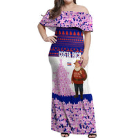 Costa Rica Christmas Off Shoulder Maxi Dress with Santa Claus Pink Orchid Tree National Emblem and Festive Pattern Design - Wonder Print Shop