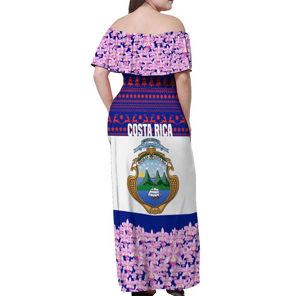 Costa Rica Christmas Off Shoulder Maxi Dress with Santa Claus Pink Orchid Tree National Emblem and Festive Pattern Design - Wonder Print Shop