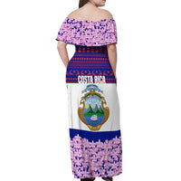 Costa Rica Christmas Off Shoulder Maxi Dress with Santa Claus Pink Orchid Tree National Emblem and Festive Pattern Design - Wonder Print Shop