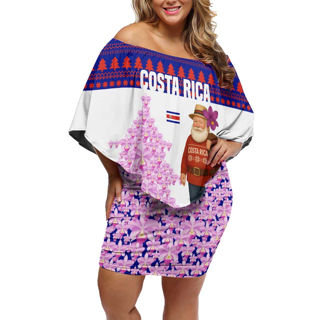 Costa Rica Christmas Off Shoulder Short Dress with Santa Claus Pink Orchid Tree National Emblem and Festive Pattern Design - Wonder Print Shop