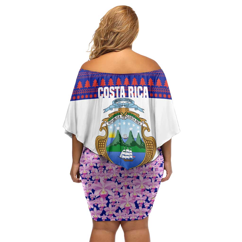 Costa Rica Christmas Off Shoulder Short Dress with Santa Claus Pink Orchid Tree National Emblem and Festive Pattern Design - Wonder Print Shop