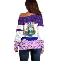 Costa Rica Christmas Off Shoulder Sweater with Santa Claus Pink Orchid Tree National Emblem and Festive Pattern Design - Wonder Print Shop