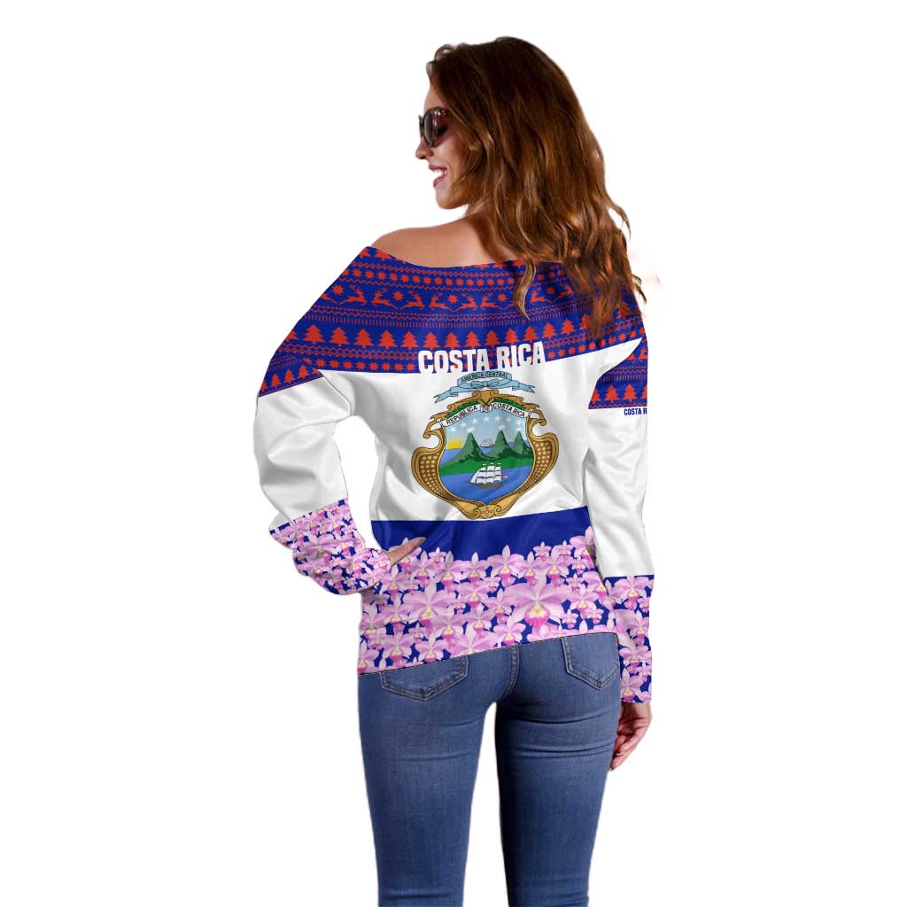 Costa Rica Christmas Off Shoulder Sweater with Santa Claus Pink Orchid Tree National Emblem and Festive Pattern Design - Wonder Print Shop