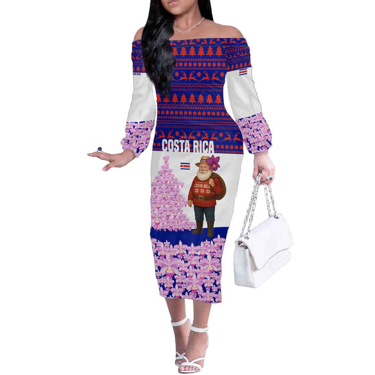 Costa Rica Christmas Off The Shoulder Long Sleeve Dress with Santa Claus Pink Orchid Tree National Emblem and Festive Pattern Design - Wonder Print Shop
