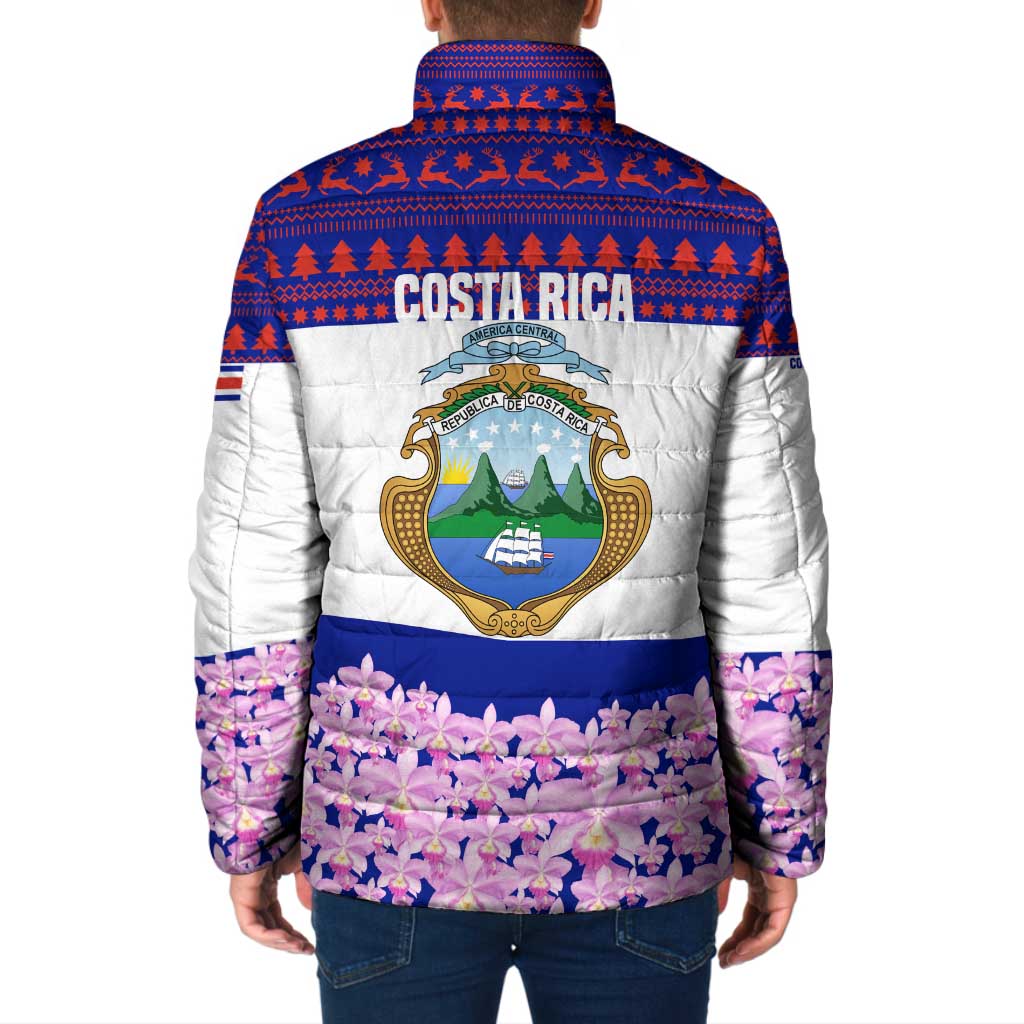 Costa Rica Christmas Padded Jacket with Santa Claus Pink Orchid Tree National Emblem and Festive Pattern Design - Wonder Print Shop