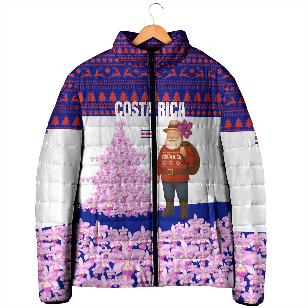 Costa Rica Christmas Padded Jacket with Santa Claus Pink Orchid Tree National Emblem and Festive Pattern Design - Wonder Print Shop