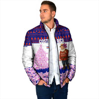 Costa Rica Christmas Padded Jacket with Santa Claus Pink Orchid Tree National Emblem and Festive Pattern Design - Wonder Print Shop