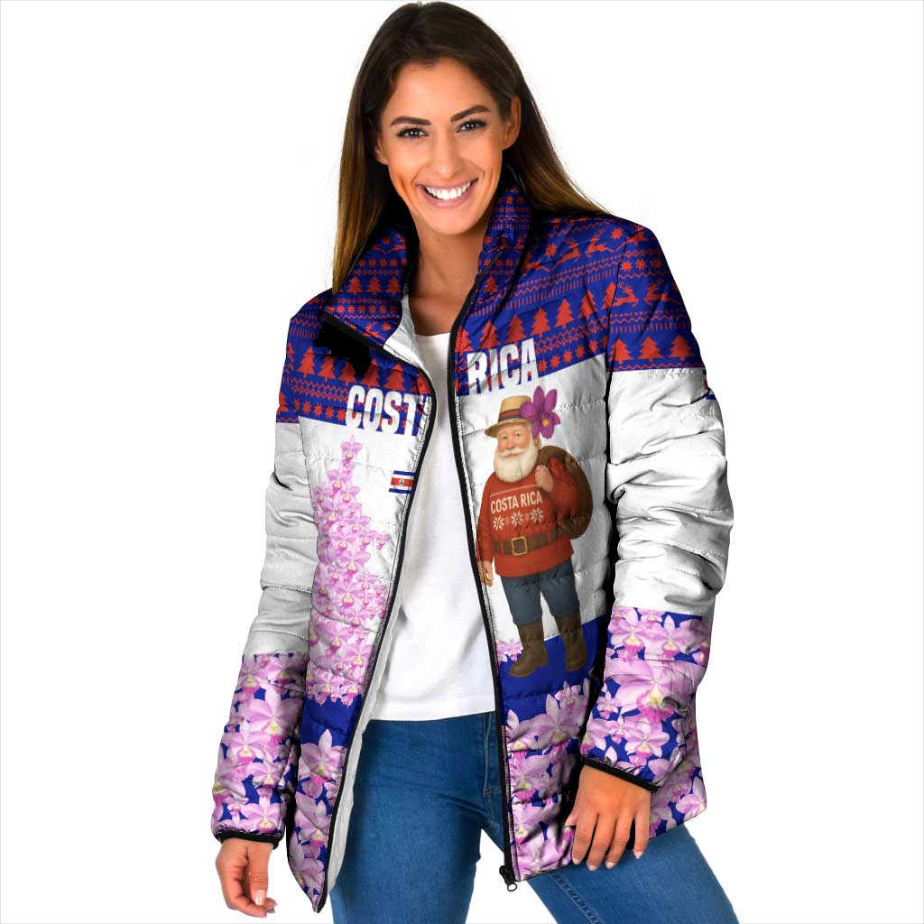 Costa Rica Christmas Padded Jacket with Santa Claus Pink Orchid Tree National Emblem and Festive Pattern Design - Wonder Print Shop