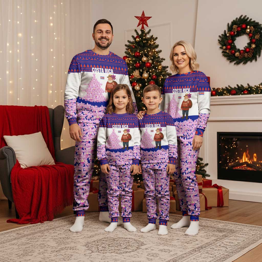 Costa Rica Christmas Pajama Set with Santa Claus Pink Orchid Tree National Emblem and Festive Pattern Design - Wonder Print Shop