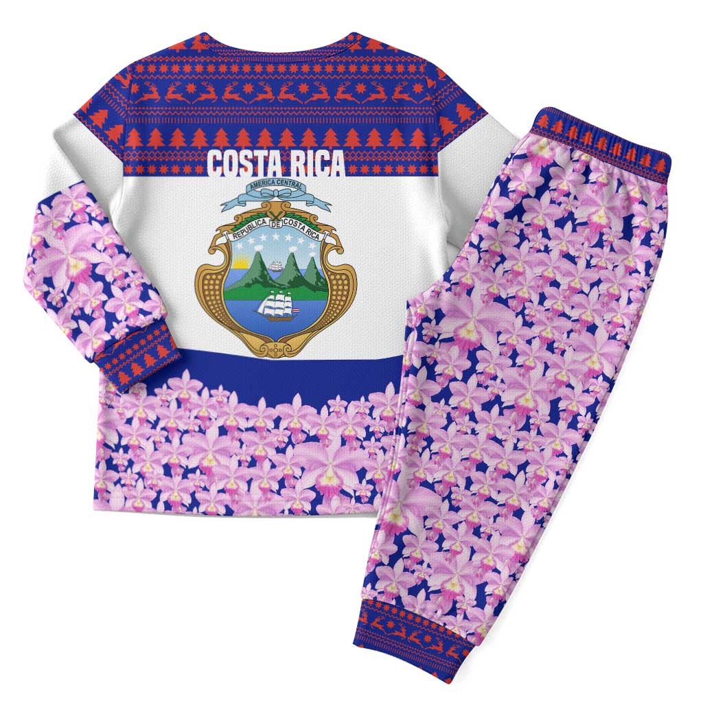 Costa Rica Christmas Pajama Set with Santa Claus Pink Orchid Tree National Emblem and Festive Pattern Design - Wonder Print Shop