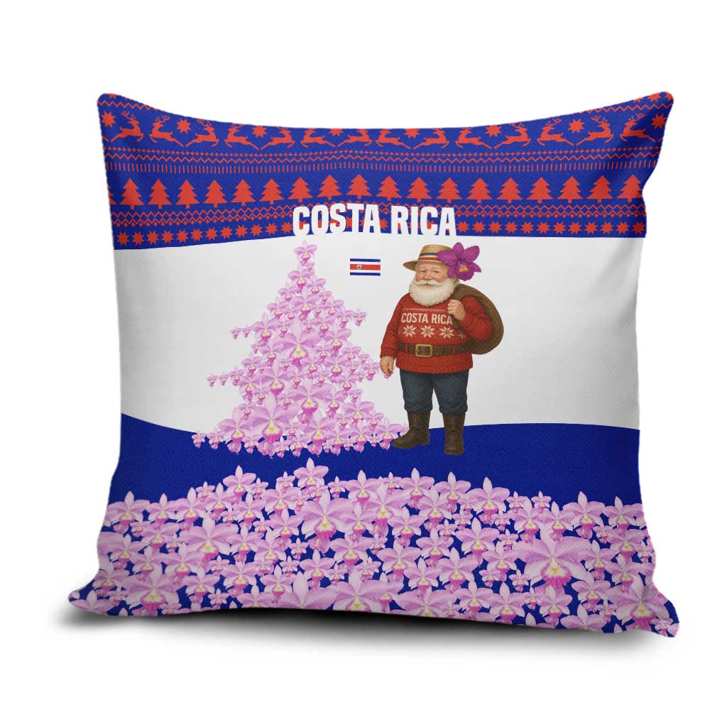 Costa Rica Christmas Pillow Cover with Santa Claus Pink Orchid Tree National Emblem and Festive Pattern Design - Wonder Print Shop