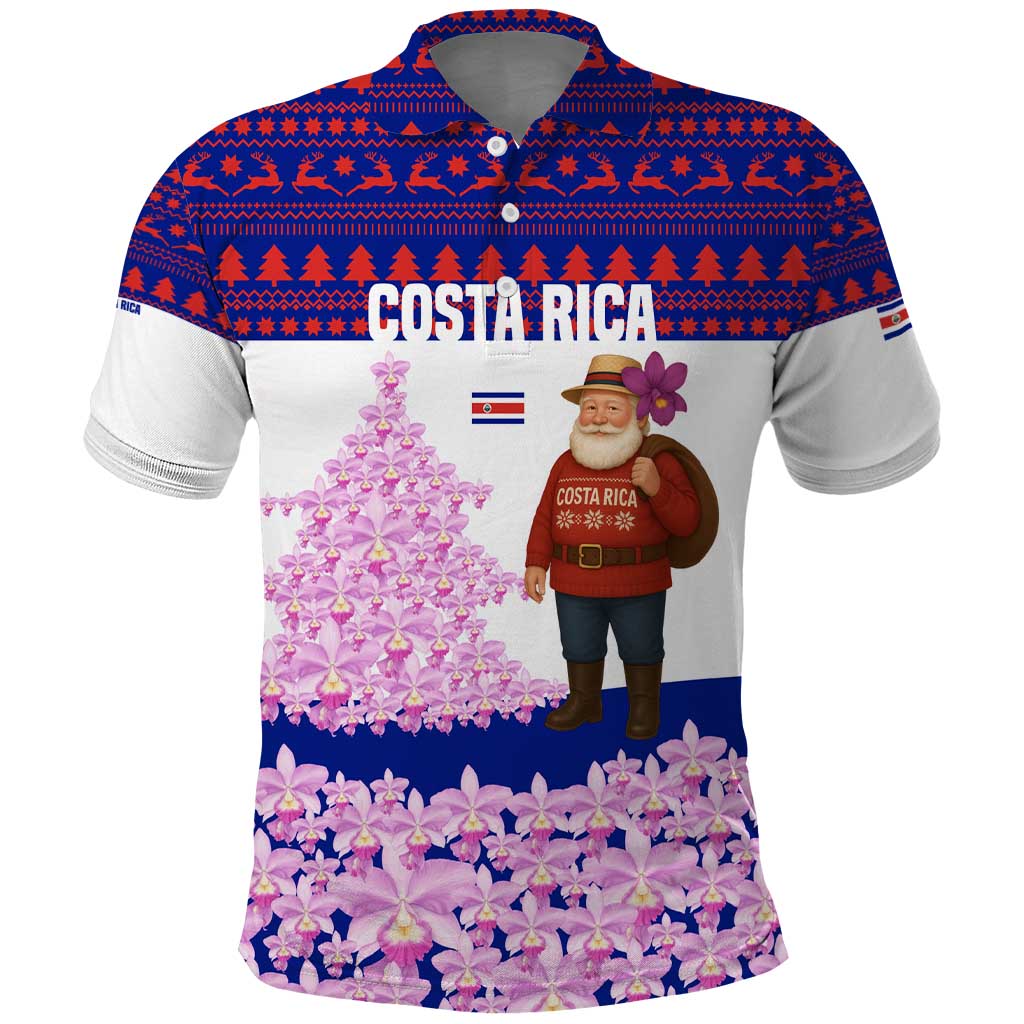 Costa Rica Christmas Polo Shirt with Santa Claus Pink Orchid Tree National Emblem and Festive Pattern Design - Wonder Print Shop