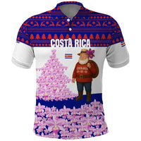 Costa Rica Christmas Polo Shirt with Santa Claus Pink Orchid Tree National Emblem and Festive Pattern Design - Wonder Print Shop