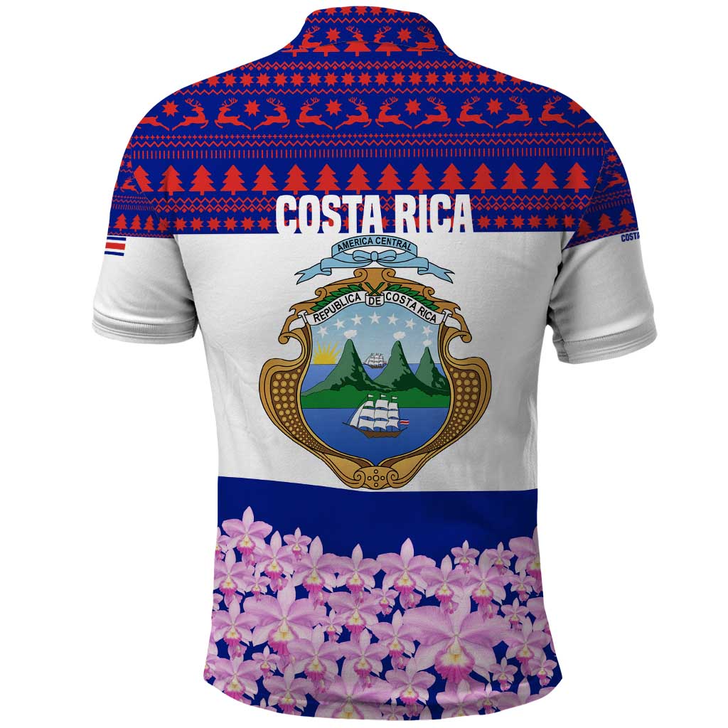 Costa Rica Christmas Polo Shirt with Santa Claus Pink Orchid Tree National Emblem and Festive Pattern Design - Wonder Print Shop
