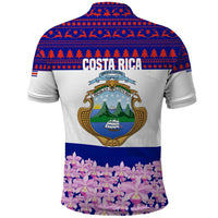 Costa Rica Christmas Polo Shirt with Santa Claus Pink Orchid Tree National Emblem and Festive Pattern Design - Wonder Print Shop