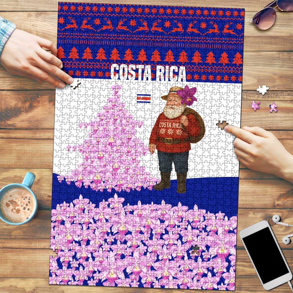 Costa Rica Christmas Puzzle with Santa Claus Pink Orchid Tree National Emblem and Festive Pattern Design - Wonder Print Shop