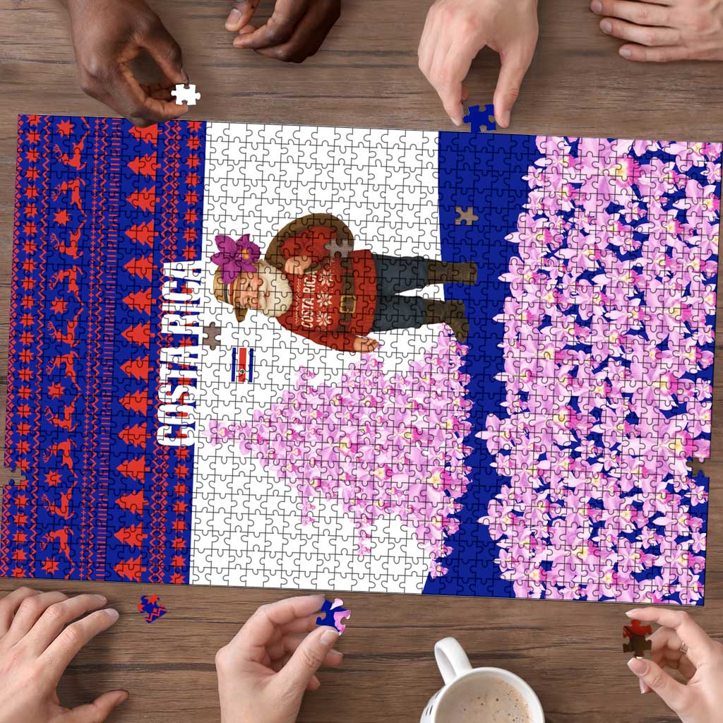 Costa Rica Christmas Puzzle with Santa Claus Pink Orchid Tree National Emblem and Festive Pattern Design - Wonder Print Shop