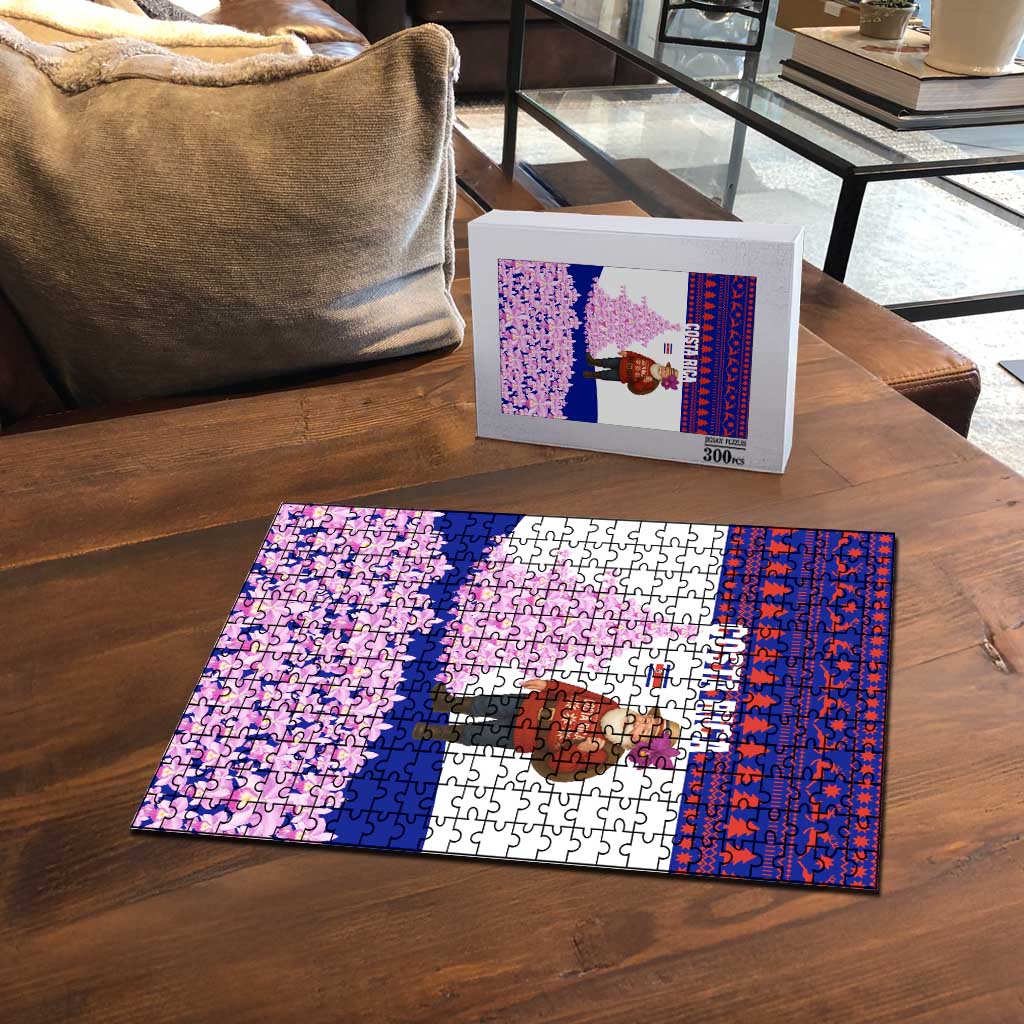 Costa Rica Christmas Puzzle with Santa Claus Pink Orchid Tree National Emblem and Festive Pattern Design - Wonder Print Shop
