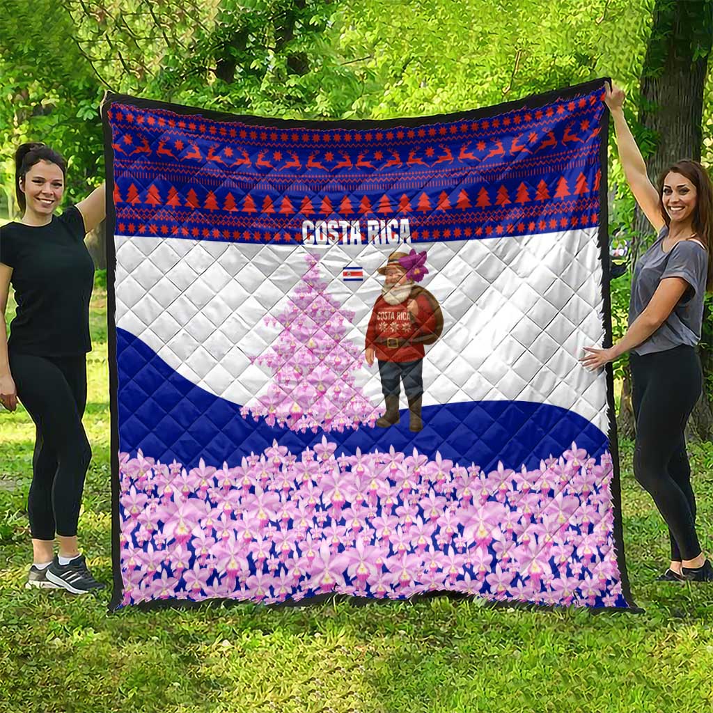 Costa Rica Christmas Quilt with Santa Claus Pink Orchid Tree National Emblem and Festive Pattern Design - Wonder Print Shop