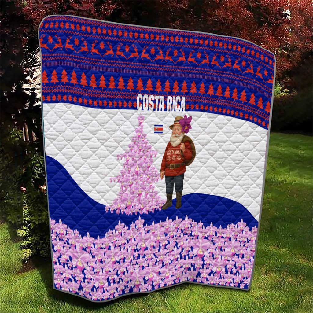 Costa Rica Christmas Quilt with Santa Claus Pink Orchid Tree National Emblem and Festive Pattern Design - Wonder Print Shop