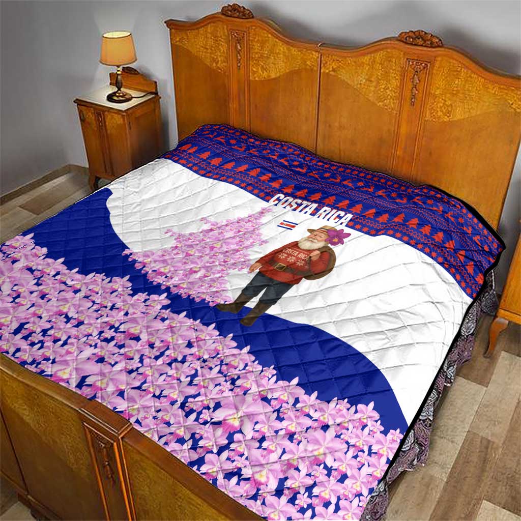 Costa Rica Christmas Quilt with Santa Claus Pink Orchid Tree National Emblem and Festive Pattern Design - Wonder Print Shop