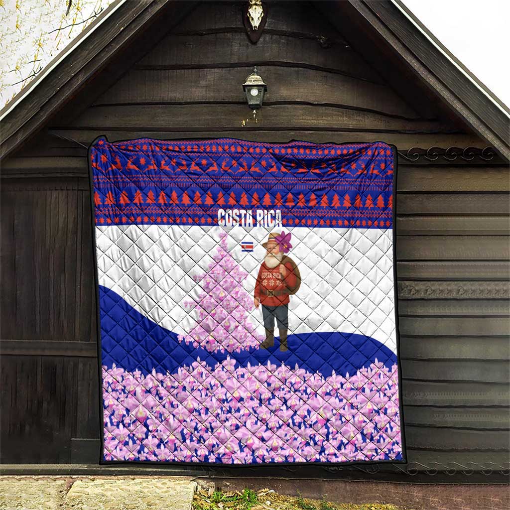 Costa Rica Christmas Quilt with Santa Claus Pink Orchid Tree National Emblem and Festive Pattern Design - Wonder Print Shop