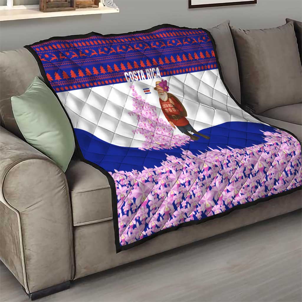 Costa Rica Christmas Quilt with Santa Claus Pink Orchid Tree National Emblem and Festive Pattern Design - Wonder Print Shop