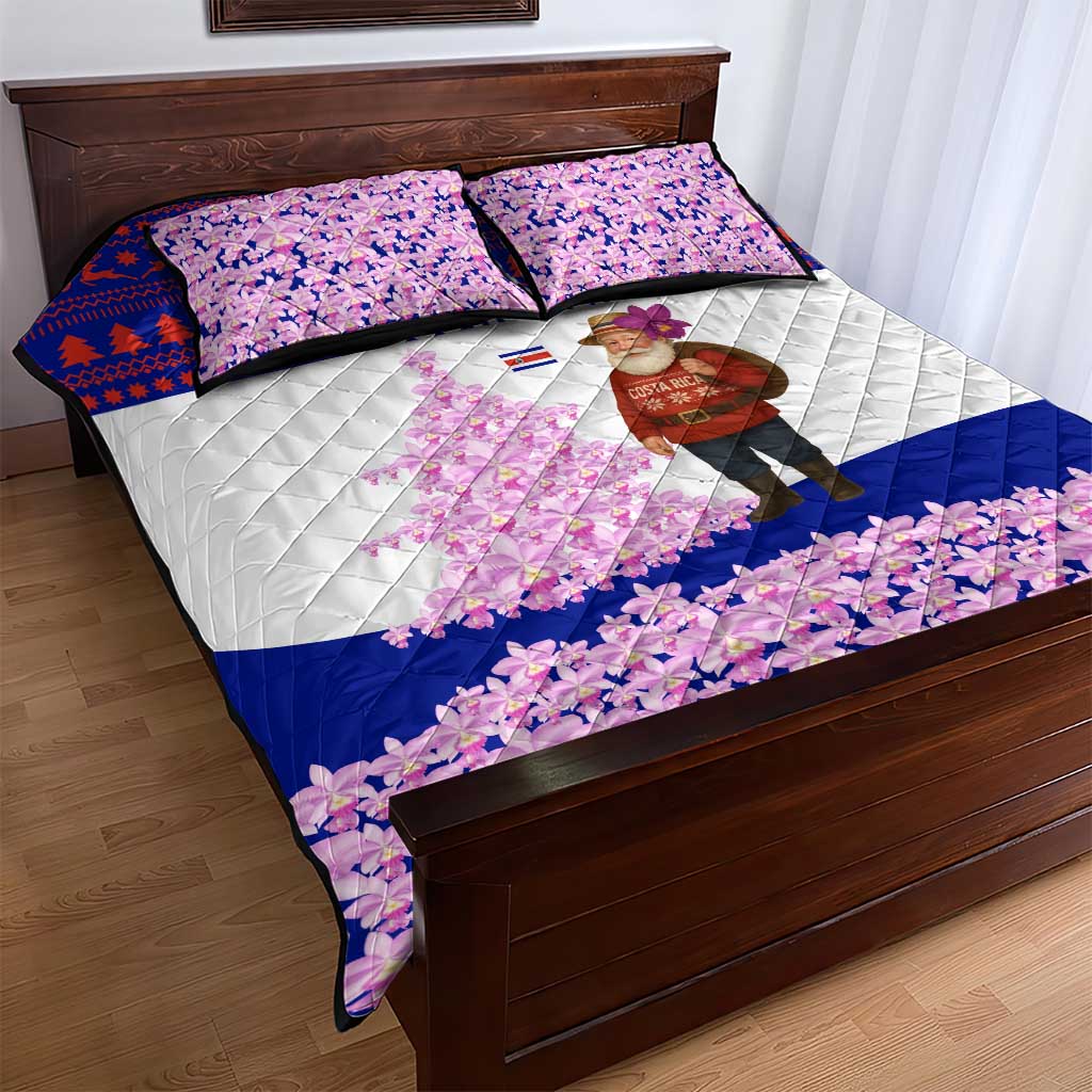 Costa Rica Christmas Quilt Bed Set with Santa Claus Pink Orchid Tree National Emblem and Festive Pattern Design - Wonder Print Shop