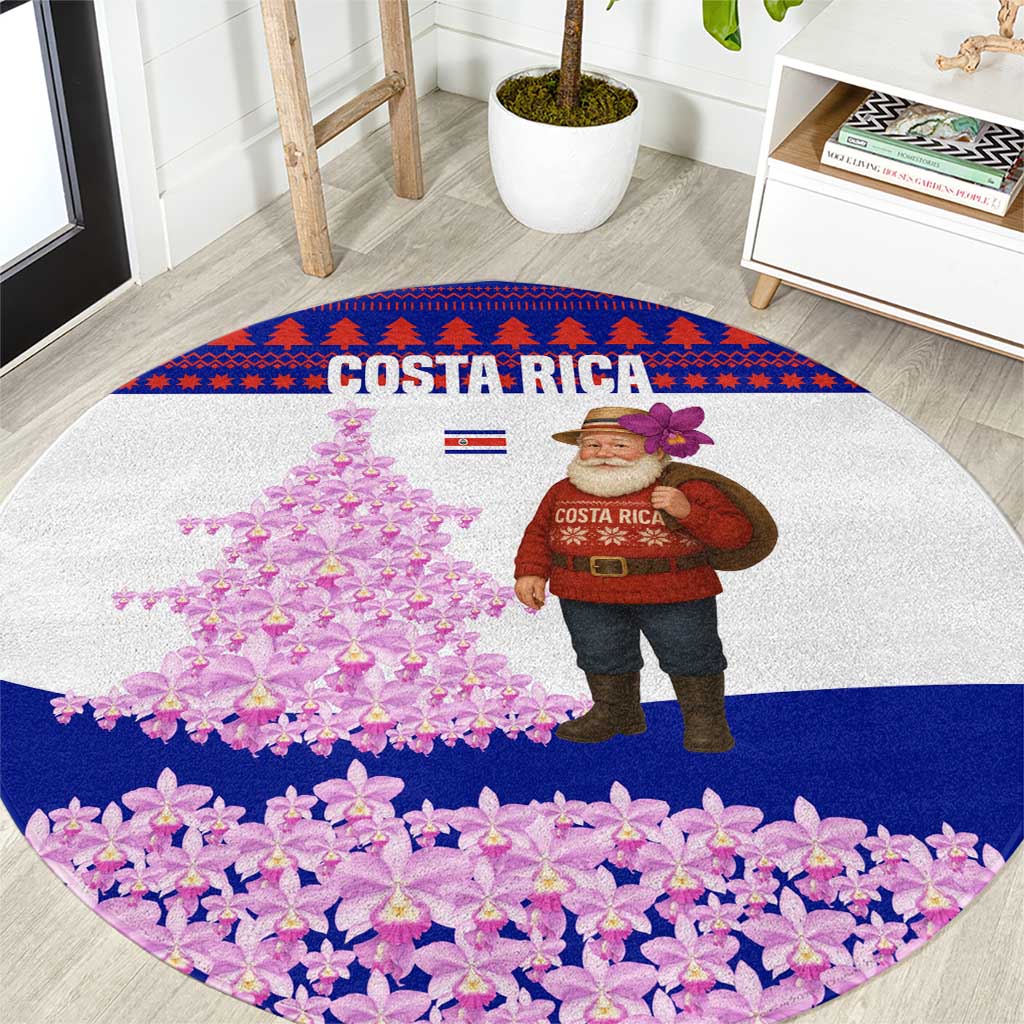 Costa Rica Christmas Round Carpet with Santa Claus Pink Orchid Tree National Emblem and Festive Pattern Design - Wonder Print Shop