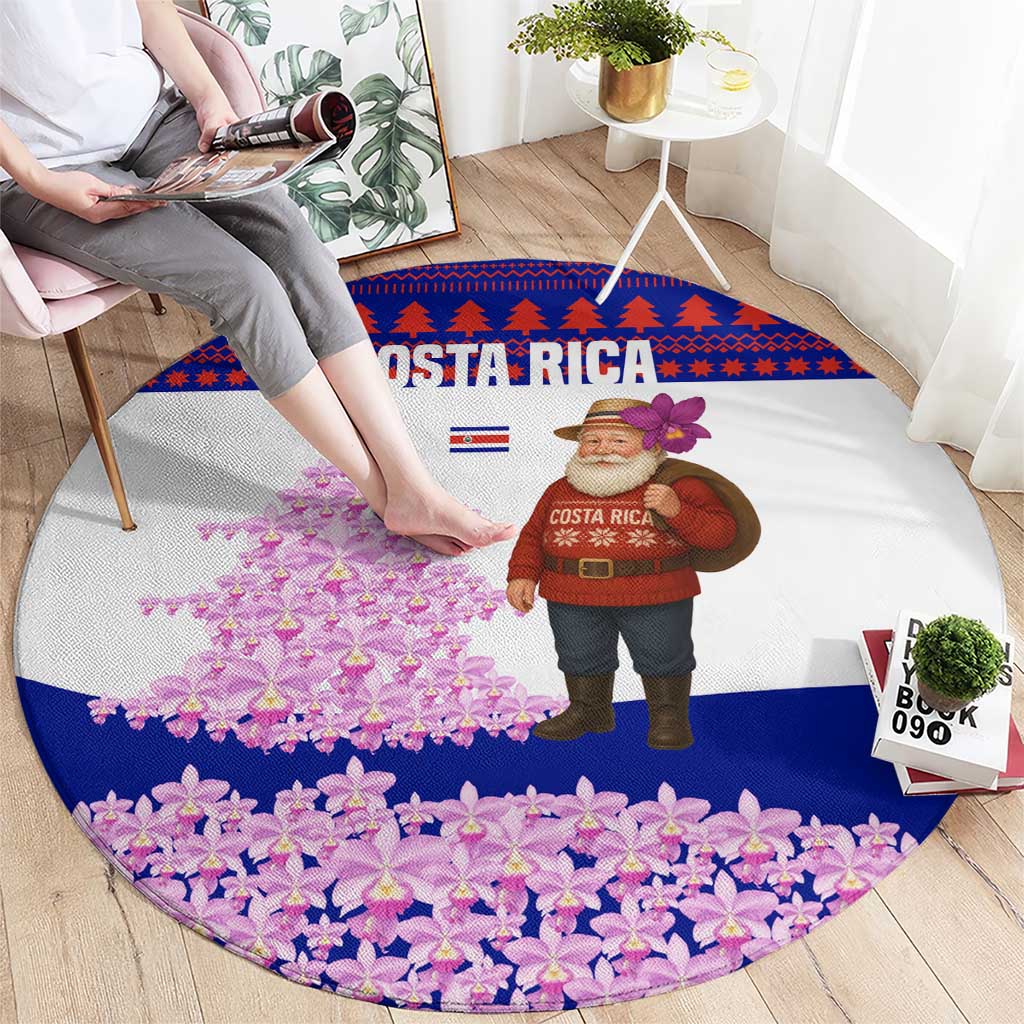 Costa Rica Christmas Round Carpet with Santa Claus Pink Orchid Tree National Emblem and Festive Pattern Design - Wonder Print Shop