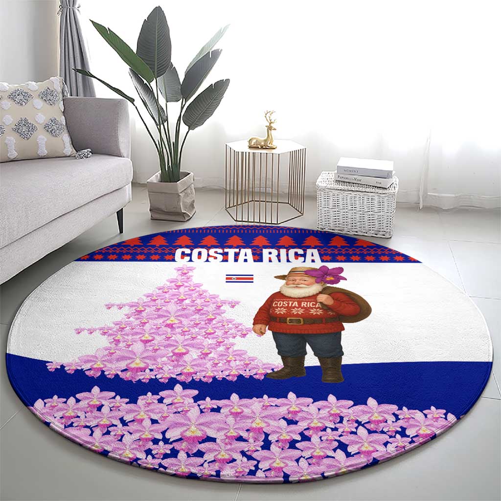 Costa Rica Christmas Round Carpet with Santa Claus Pink Orchid Tree National Emblem and Festive Pattern Design - Wonder Print Shop
