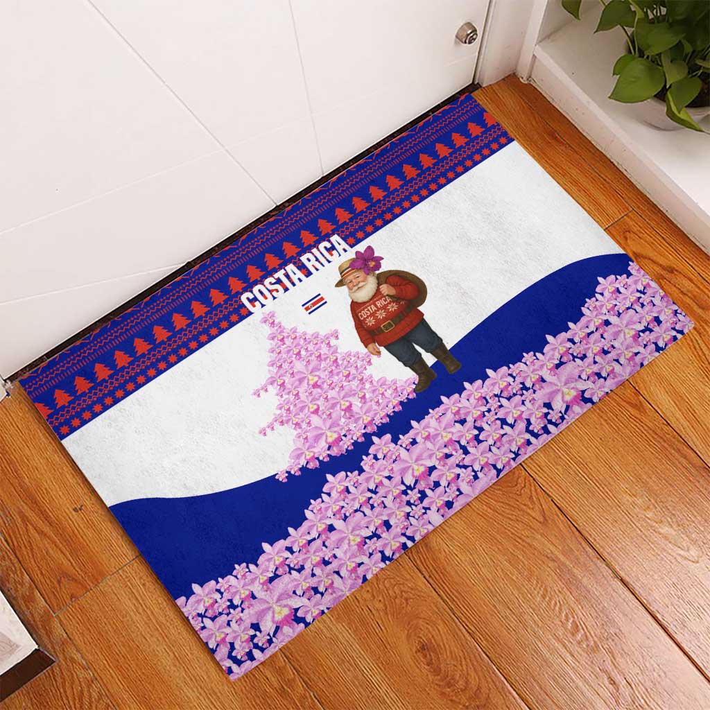 Costa Rica Christmas Rubber Doormat with Santa Claus Pink Orchid Tree National Emblem and Festive Pattern Design - Wonder Print Shop