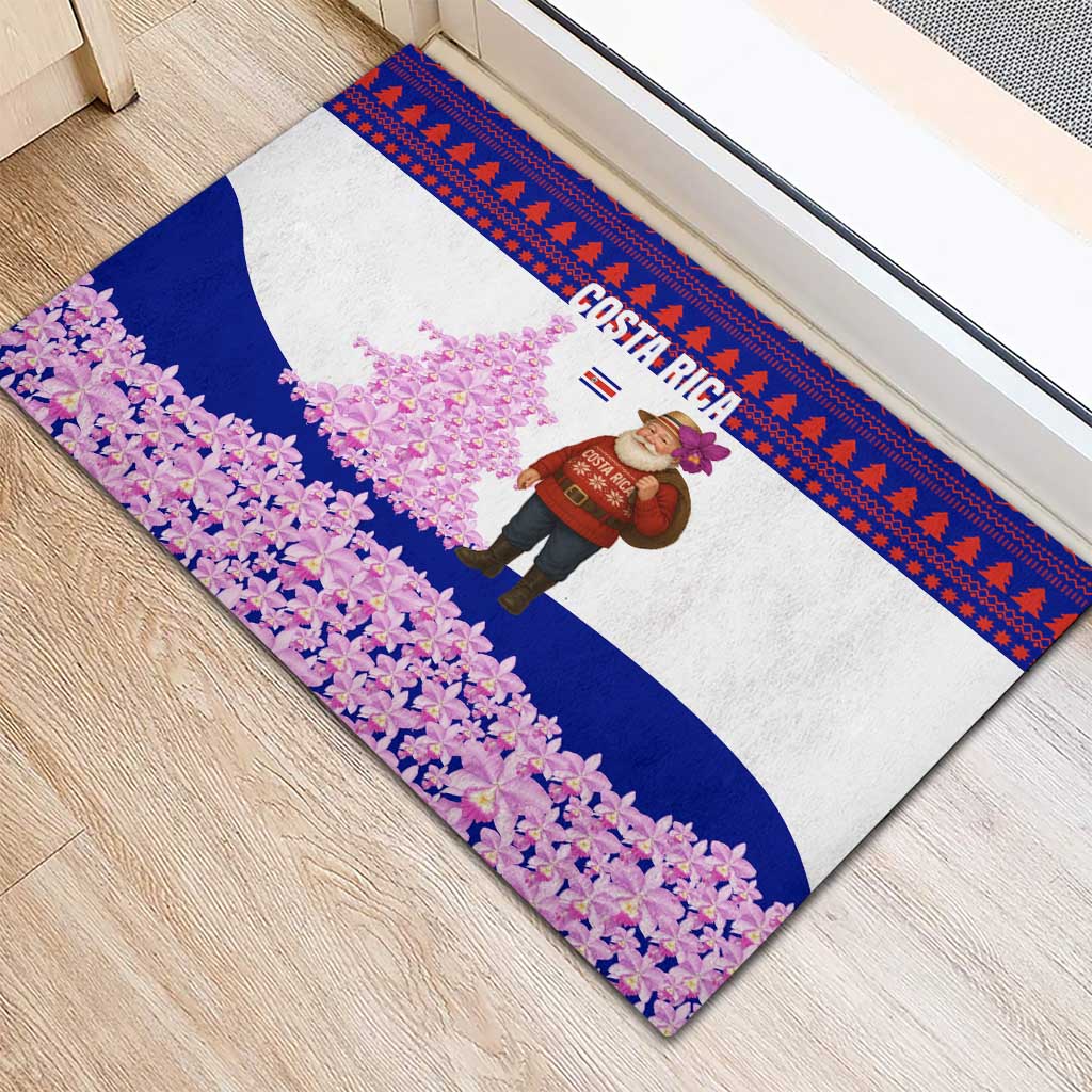 Costa Rica Christmas Rubber Doormat with Santa Claus Pink Orchid Tree National Emblem and Festive Pattern Design - Wonder Print Shop