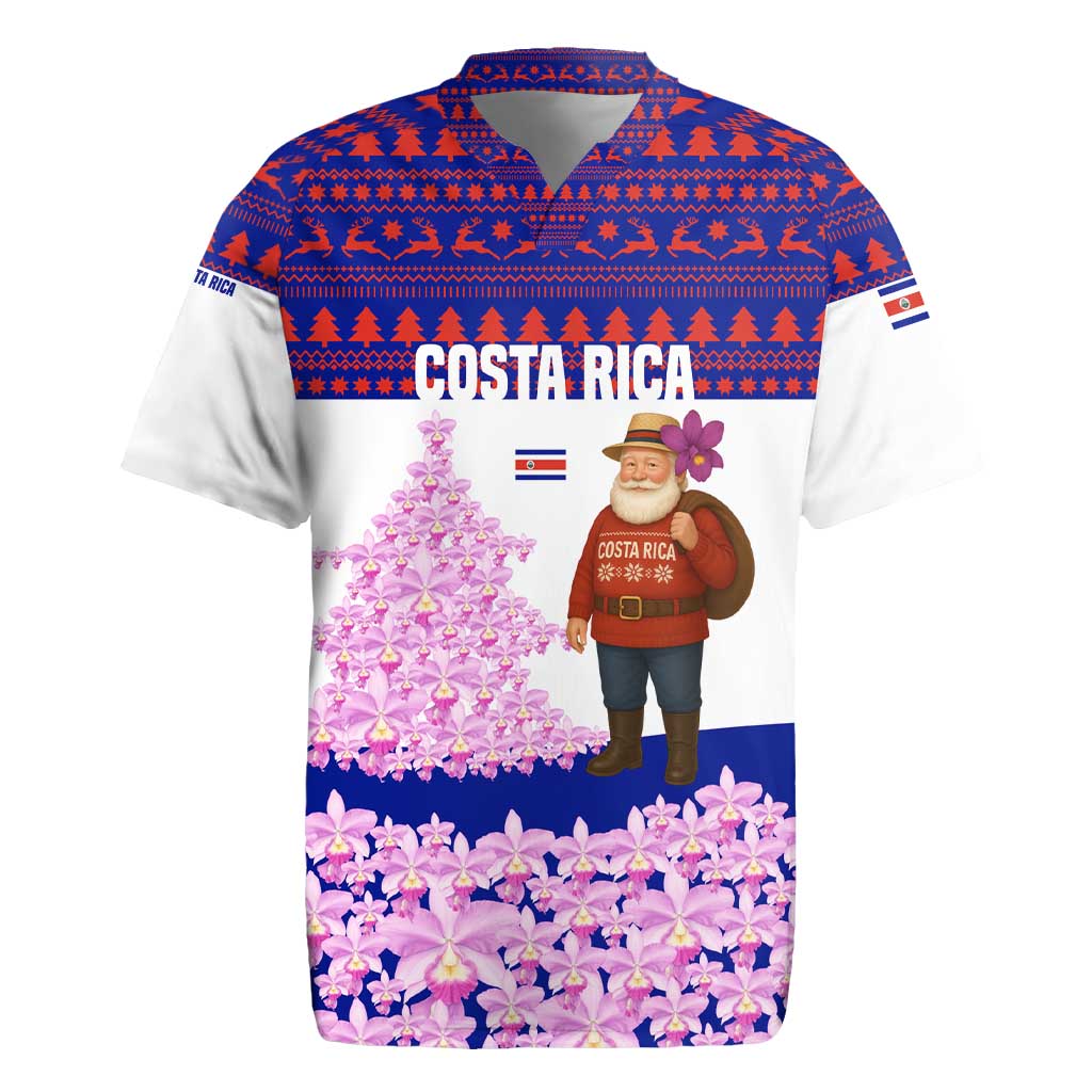 Costa Rica Christmas Rugby Jersey with Santa Claus Pink Orchid Tree National Emblem and Festive Pattern Design - Wonder Print Shop