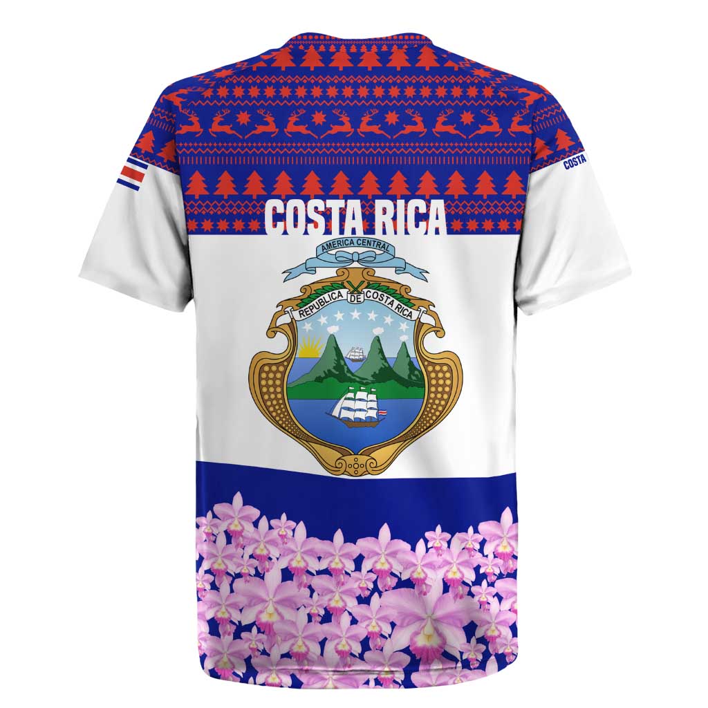 Costa Rica Christmas Rugby Jersey with Santa Claus Pink Orchid Tree National Emblem and Festive Pattern Design - Wonder Print Shop