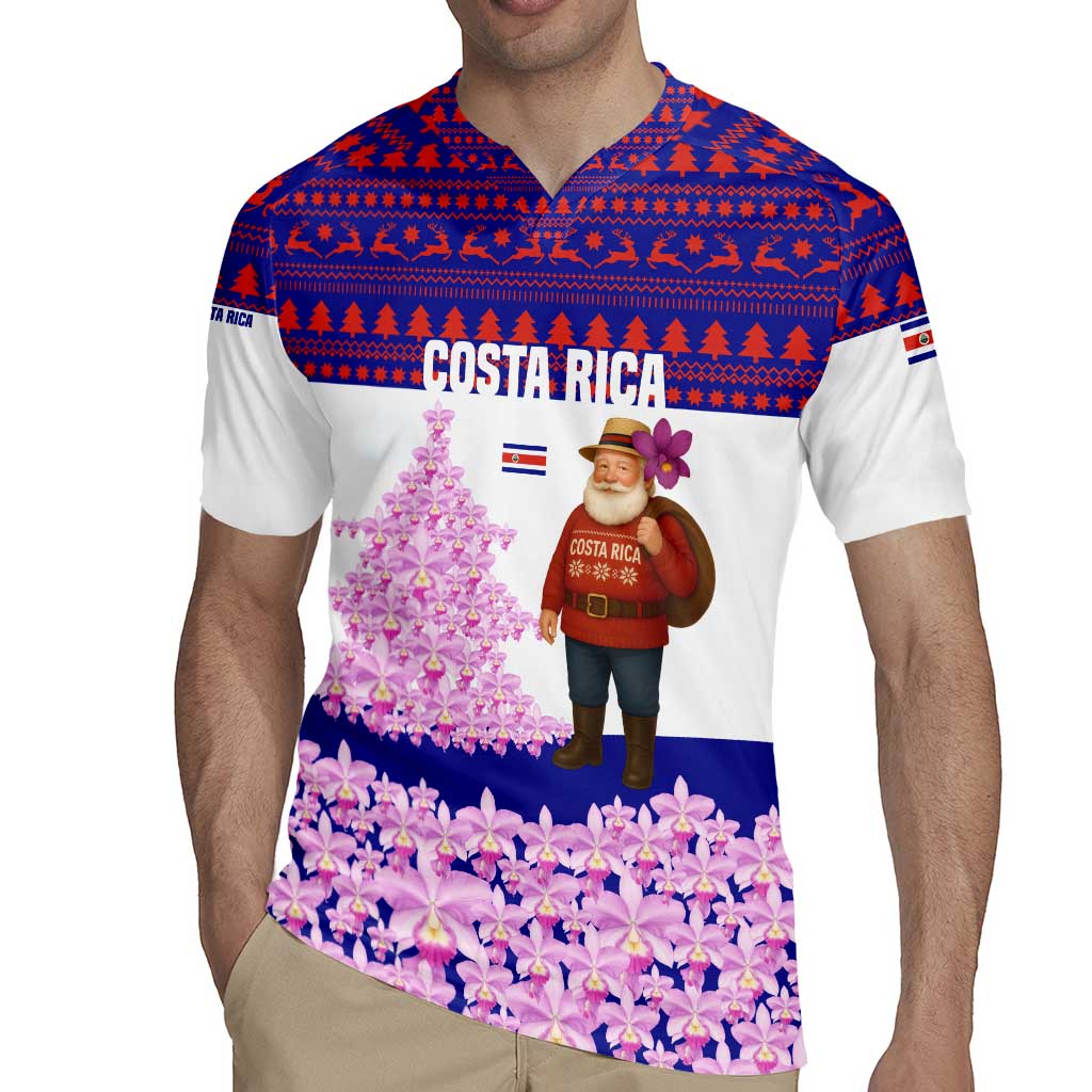 Costa Rica Christmas Rugby Jersey with Santa Claus Pink Orchid Tree National Emblem and Festive Pattern Design - Wonder Print Shop