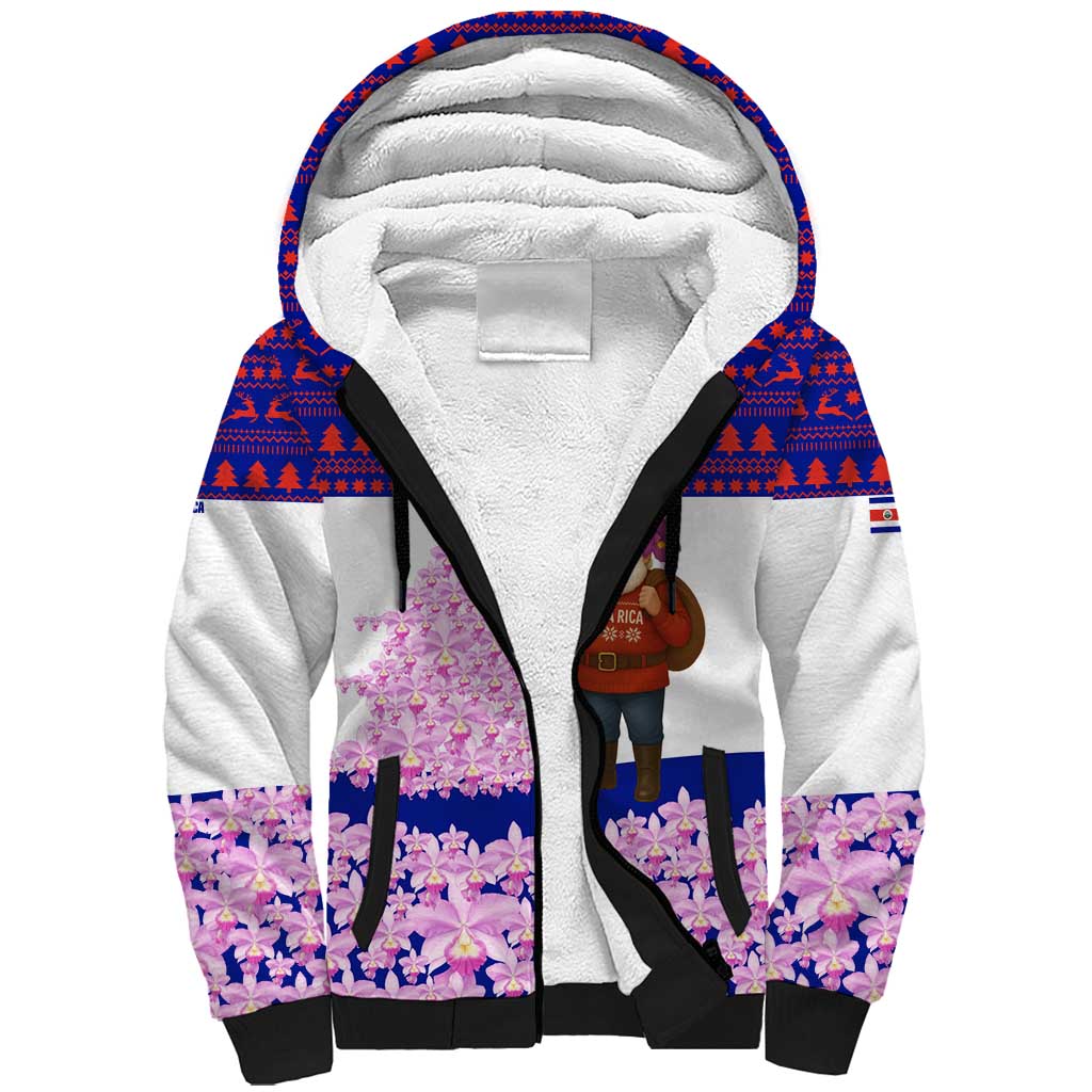Costa Rica Christmas Sherpa Hoodie with Santa Claus Pink Orchid Tree National Emblem and Festive Pattern Design - Wonder Print Shop