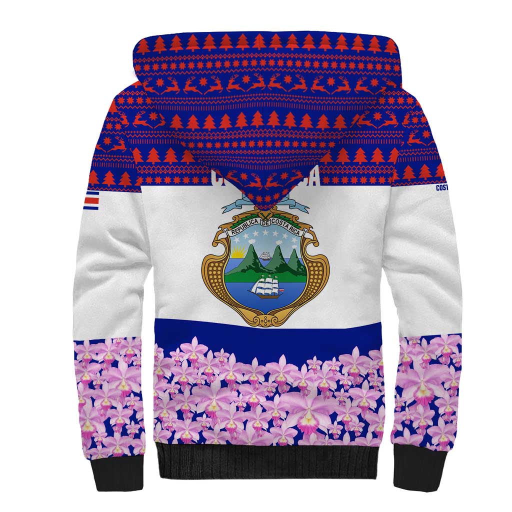 Costa Rica Christmas Sherpa Hoodie with Santa Claus Pink Orchid Tree National Emblem and Festive Pattern Design - Wonder Print Shop